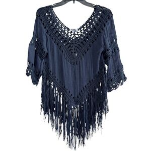 Bohemian Crochet Fringe Navy Blue Top